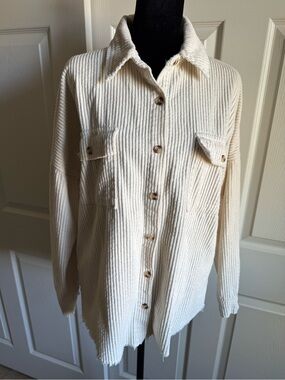 RSQ Cream Ribbed Button-Front Cardigan Shacket